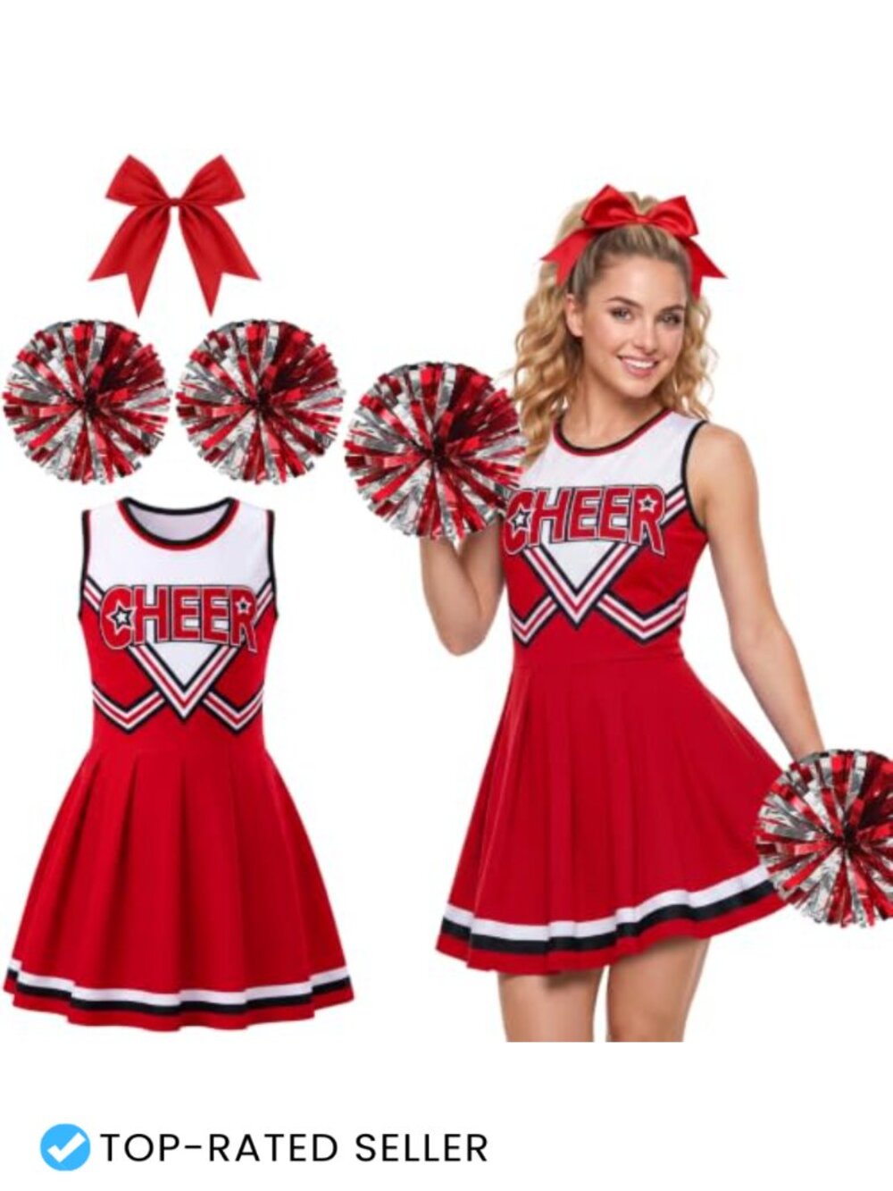 Cheerleader Costume Set Dress Pom Poms Hair Bow Cosplay